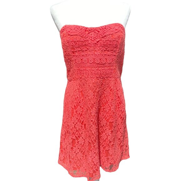 FREE PEOPLE Womens CORAL‎ ORANGE Lace DRESS Strapless Crochet Trim Mini SZ 10 - Picture 1 of 6